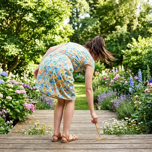 Girl Bending Over for Pencil - Summer Scene with Blooming Flowers