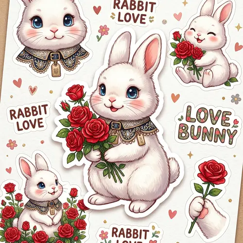 Fluffy White Rabbit Stickers with Red Roses | Cute Design