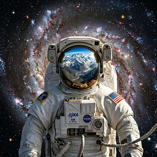 Asian Astronaut in Outer Space with Reflective Visor