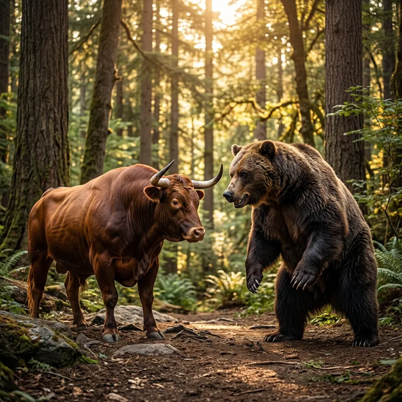 Majestic Bull and Bear Standoff in Enchanted Forest