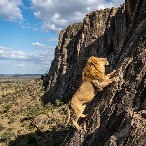 Majestic Lion Climbing a Rocky Cliff