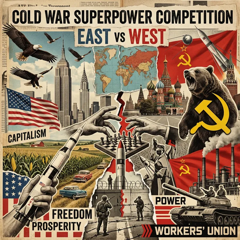 Cold War Era Superpowers Face Off: Iconic Symbols Collage