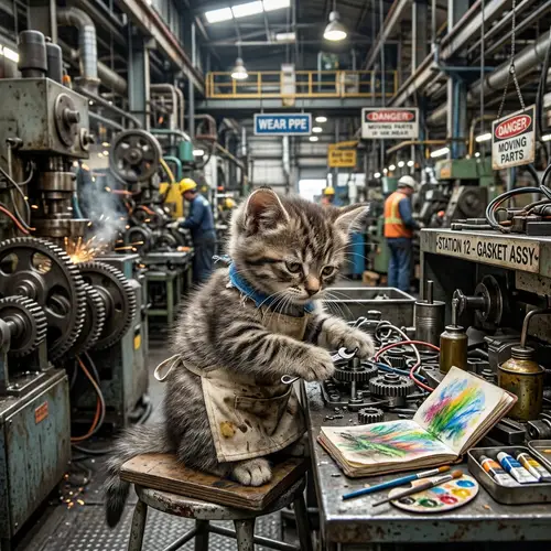 Fluffy Kitten Pursues Artistic Dreams in Industrial Setting
