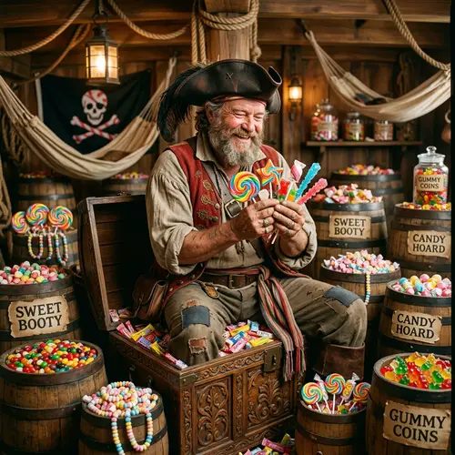 Cheerful Pirate Surrounded by Sweets and Candies