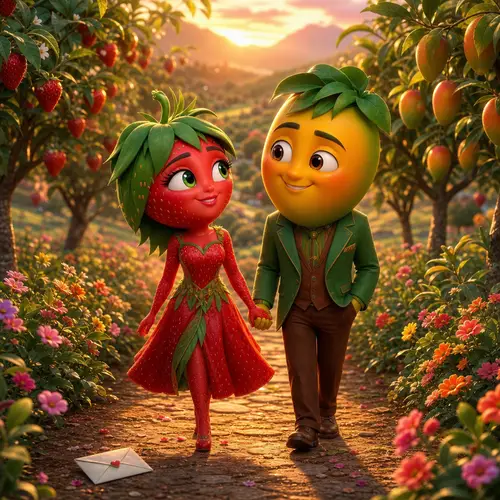 Elegant Fruit Characters in Romantic Animation Scene