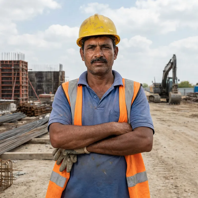 Realistic South Asian Construction Worker with Arms Crossed
