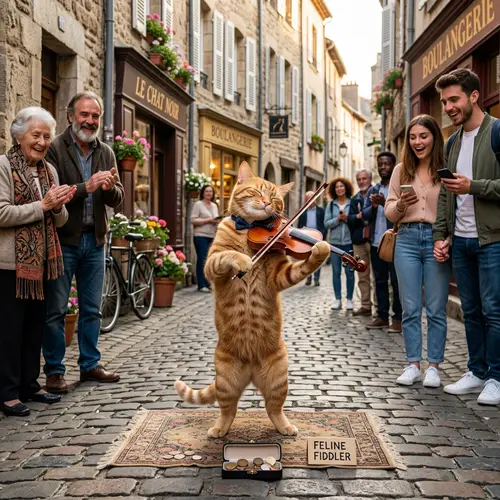 Charming Cat Plays Violin on Cobblestone Street