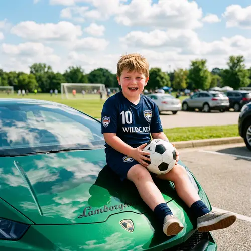 Excited 9-Year-Old Boy with Soccer Ball on Luxury Green Car