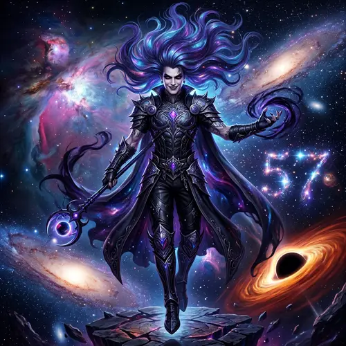 Gothic Villain with Blue and Purple Iridescent Hair in Cosmic Setting