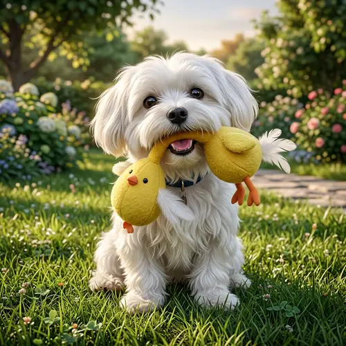 Joyful White Dog with Toy Chicken - 3D Image in 8K Resolution