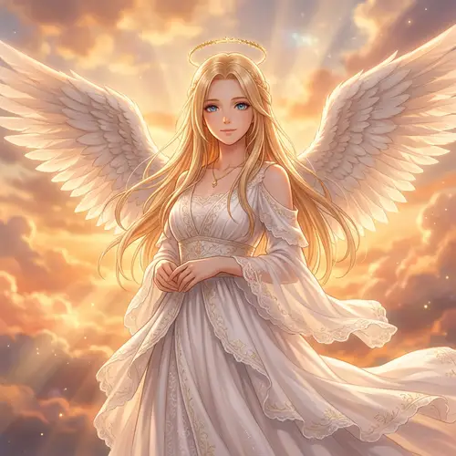 Heavenly Female Angel Portrait with Blonde Hair and Blue Eyes