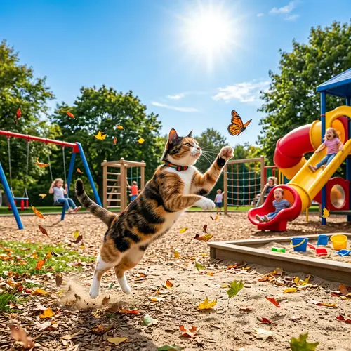 Playful Domestic Cat Chasing Butterfly in Colorful Playground
