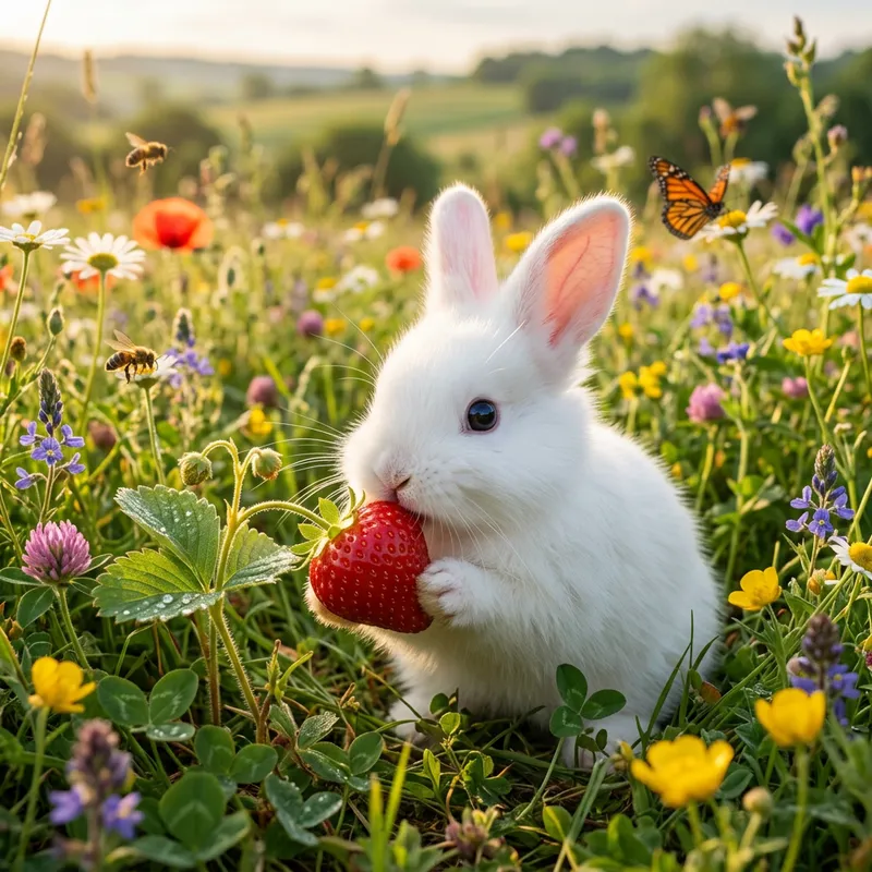 Cute White Rabbit Enjoying Fresh Strawberry in Meadow Cute White Rabbit Enjoying Fresh Strawberry in Meadow