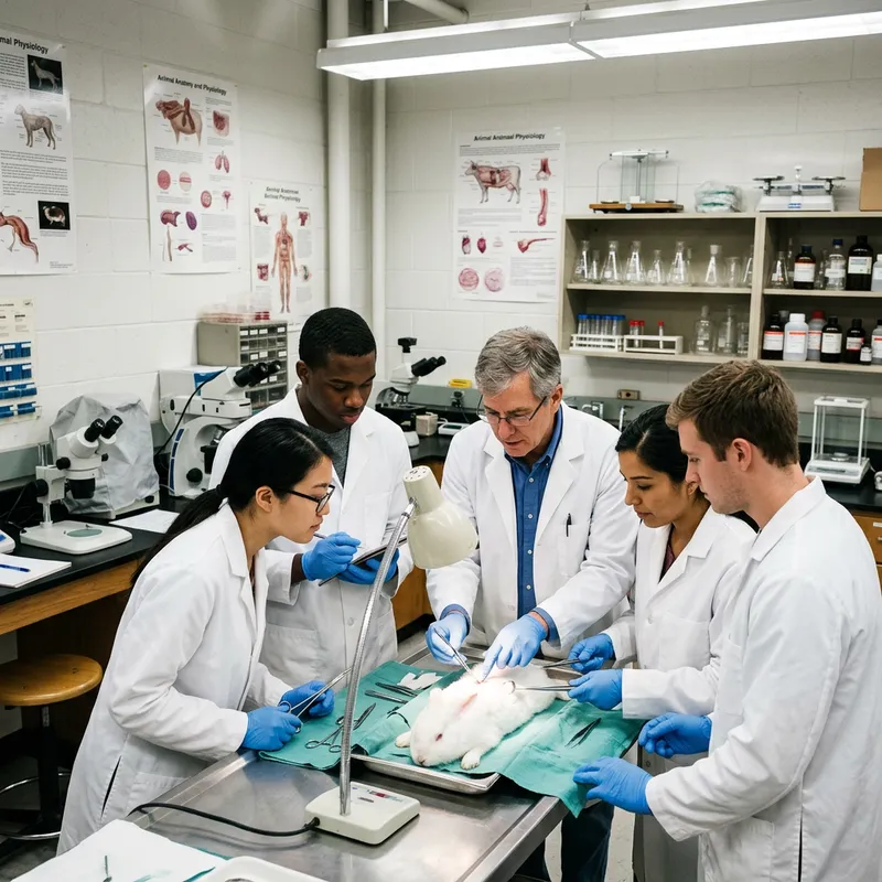 Students Performing Rabbit Surgery in Laboratory with Professor
