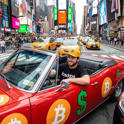 Man Driving Red Car with Bitcoin and Dollar Logos in Times Square