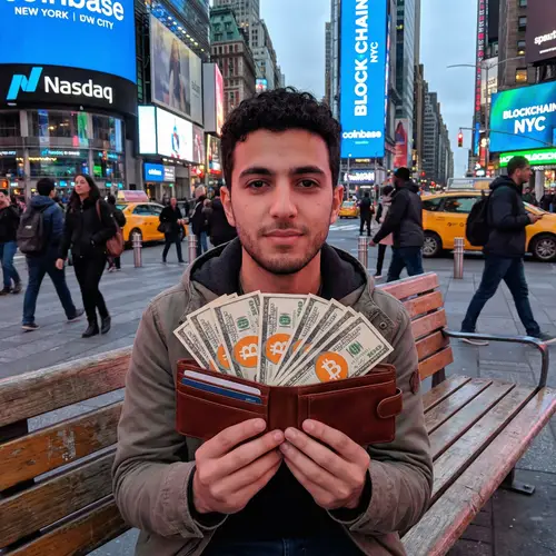 Bitcoin Wallet: Young Man in Times Square with Cash