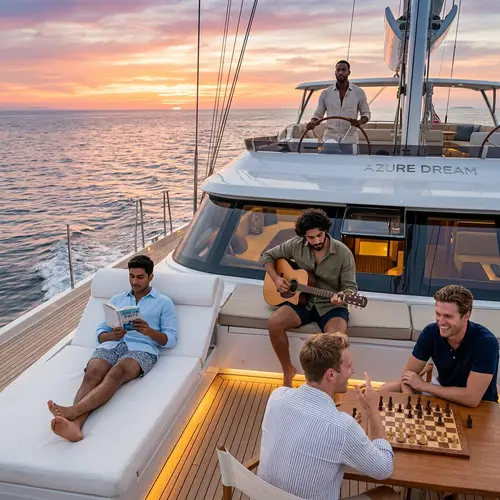 Luxurious Yacht Scene with Male Models at Sunset