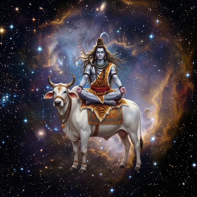 Lord Shiva Sitting on Nandi in Majestic Cosmic Ambiance Lord Shiva Sitting on Nandi in Majestic Cosmic Ambiance