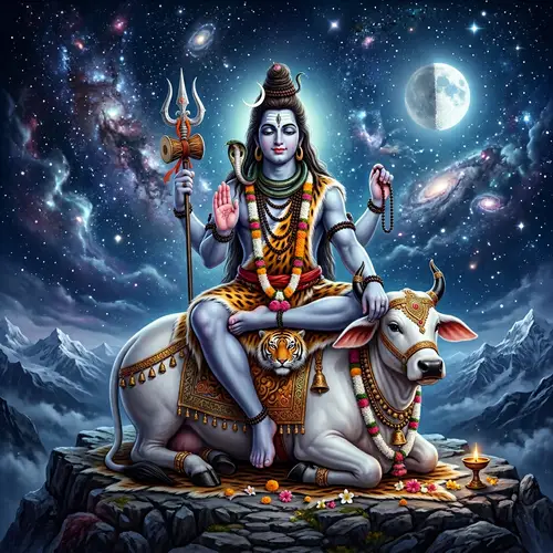 Lord Shiva Seated on Nandi | Celestial Blue Cosmic Background