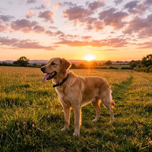 Dog in Grassy Field with Sunset Background