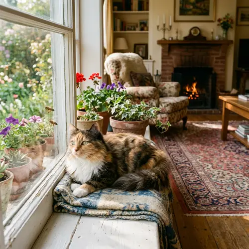 Calico Cat Lounging on Sun-Bathed Windowsill | Vintage Room Decor