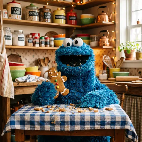 Adorable Cookie Monster Enjoying Gingerbread Man | Kitchen Scene