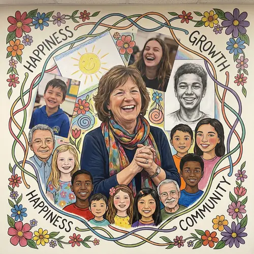 Cheerful Teacher Surrounded by Happy Students Art