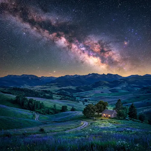 Majestic Countryside Under Starry Sky: Surreal Cosmic Beauty