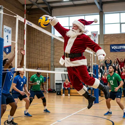 Santa Claus Playing Volleyball in Indoor Gymnasium