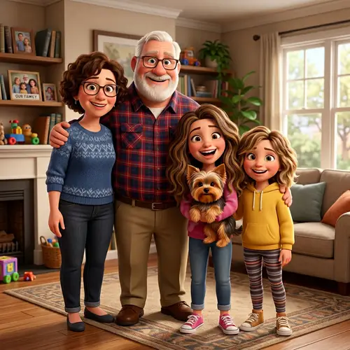 Pixar Style Family of Four with Yorkshire Terrier