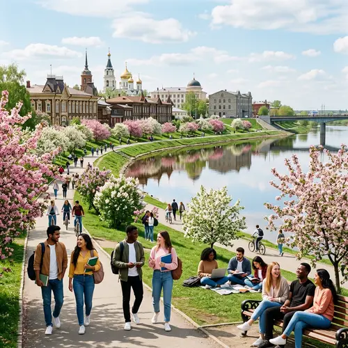Vibrant Spring Day in Tomsk: Diverse Students in Scenic Landscape