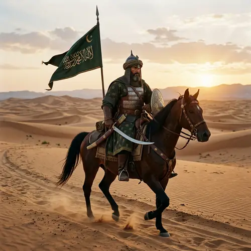 High-Quality Muslim Soldier on Horse in Desert