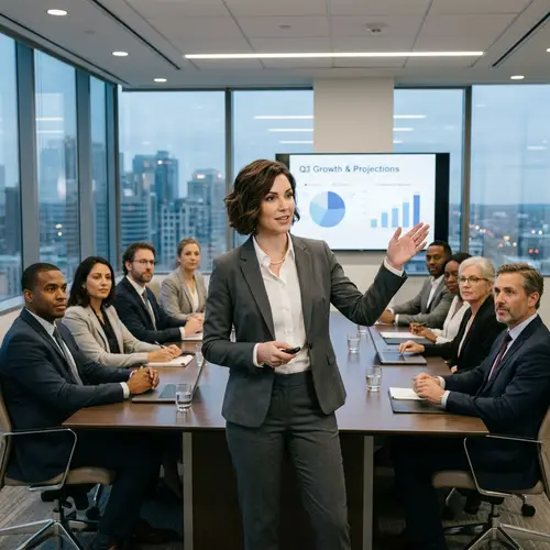 Professional Woman Presenting in Modern Boardroom