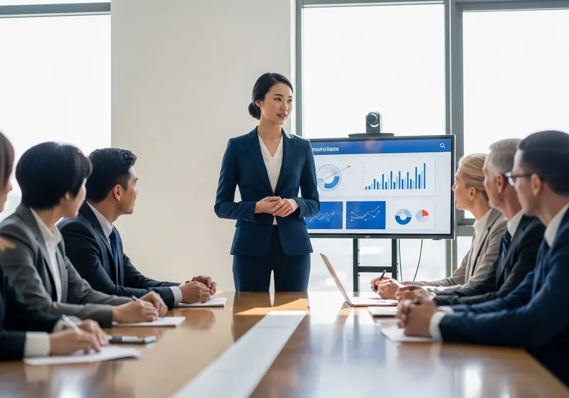 Professional Woman Presenting in Modern Boardroom
