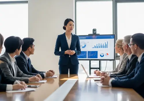 Professional Woman Presenting in Modern Boardroom