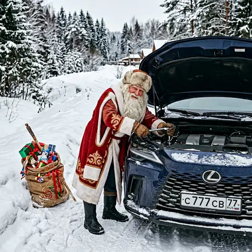 Russian Winter Costume Elderly Man Repairing Lexus Car