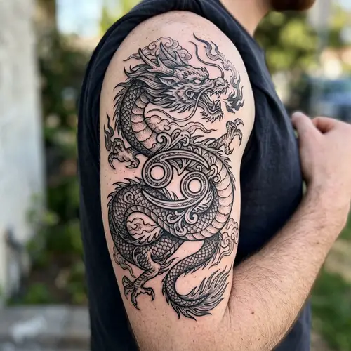 Chinese Dragon Arm Tattoo with Cancer Symbol