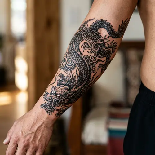 Chinese Dragon Arm Tattoo: Intricate Black Ink Design