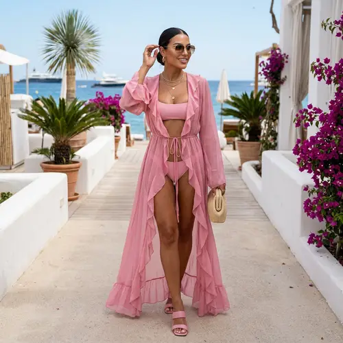 Confident Glamour: Stylish Woman in Pink Robe