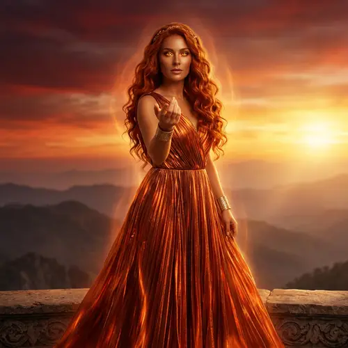 Captivating Goddess with Fiery Red Hair | Majestic Sunset Scene