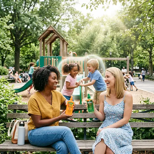 Mothers in Park with Bug Repellent Watching Kids Play