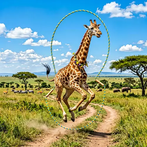 Joyful Giraffe Skipping Rope in Lush Savannah