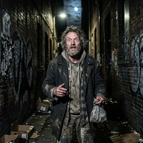 Wildly Unhinged Caucasian Man in Urban Alleyway