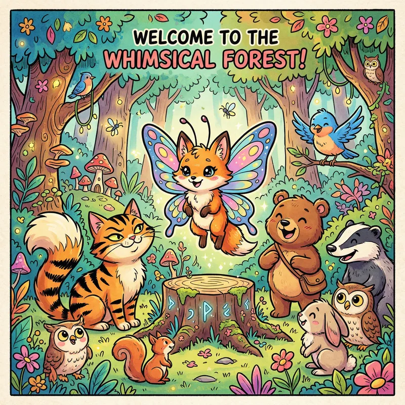 Comic Forest with Whimsical Fairy Animal and Cat
