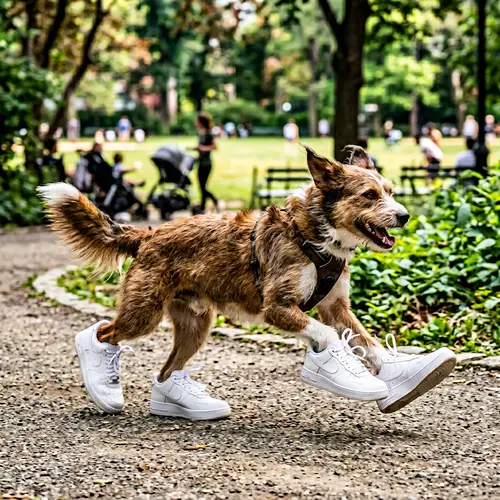 Energetic Mixed Breed Dog Sporting White Nike Airforce 1 Sneakers Outdoors