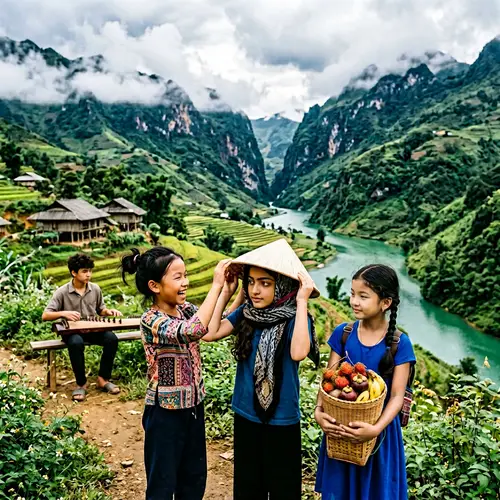 Serene Scene in Vietnamese Mountains with Local Children
