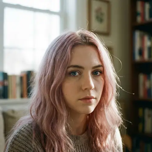 Super Realistic Portrait of a Girl with Pink Hair and Blue Eyes