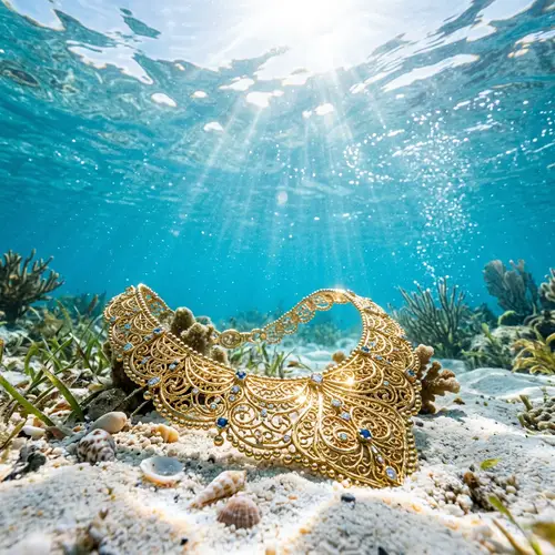 Golden Necklace Submerged in Clear Blue Water - Enchanting Design