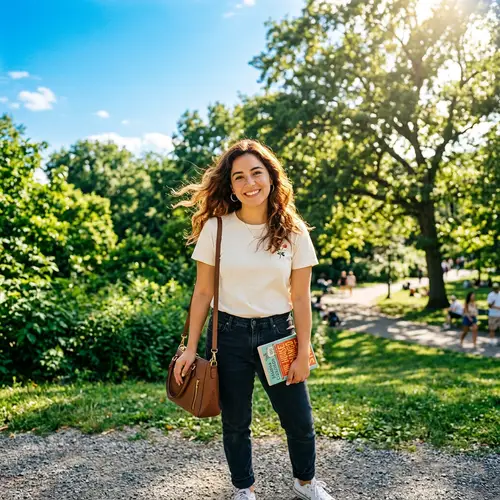 Cute Hispanic Woman in Sunny Park with Book and Handbag