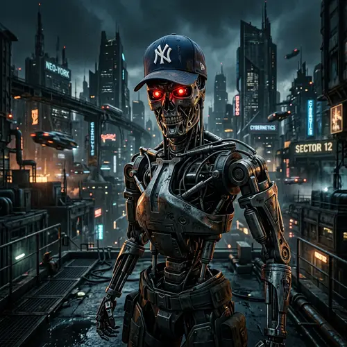 Futuristic Robotic Humanoid with Yankees Hat | Dystopian City